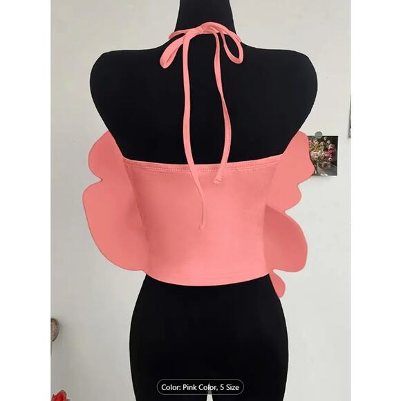 Pink Oversized 3D Flower Halter Crop Top –  Backless Party & Festival Blouse - Picture 2 of 5